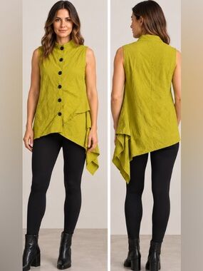 Sun Kim Women's L Chartreuse Asymmetrical Tunic Vest Crinkle Button Front ME113